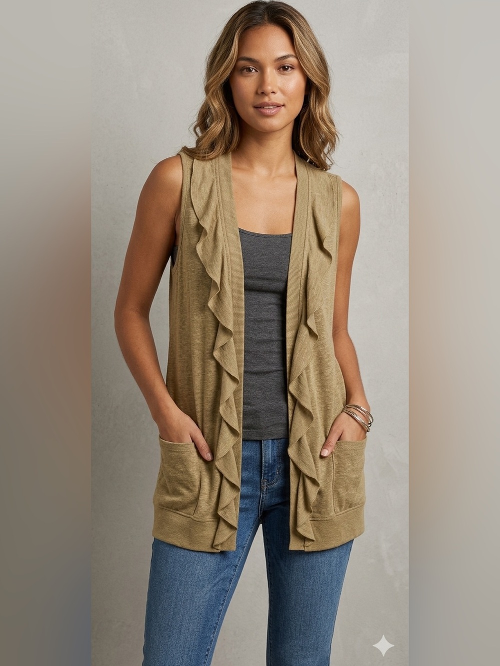 Sleeveless Cotton Knit Ruffle Open Front Cardigan pockets Medium Boho Lagenlook